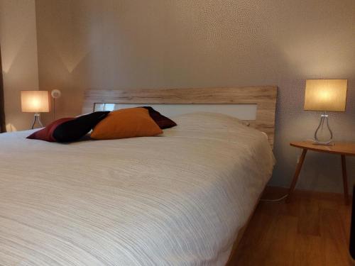 a bedroom with a large white bed with two lamps at Au Marronnier in Lontzen