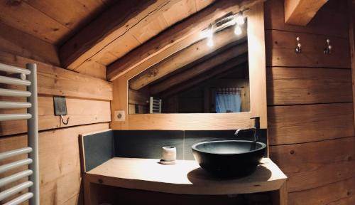 a bathroom with a bowl sink on a counter at Alpen Lounge in Servoz