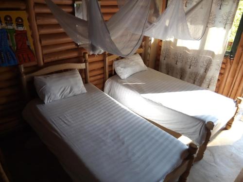 two beds in a room with a window at Bwindi Forest Lodge in Buhoma