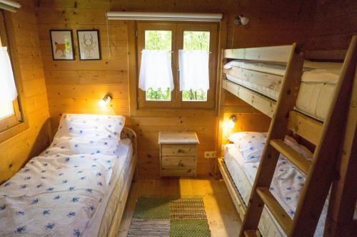 a small room with two bunk beds and a window at Blockhaus Bayerischer Wald in Stamsried