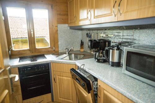 eine Küche mit einer Spüle und einem Herd Top-Backofen in der Unterkunft Blockhaus Bayerischer Wald in Stamsried