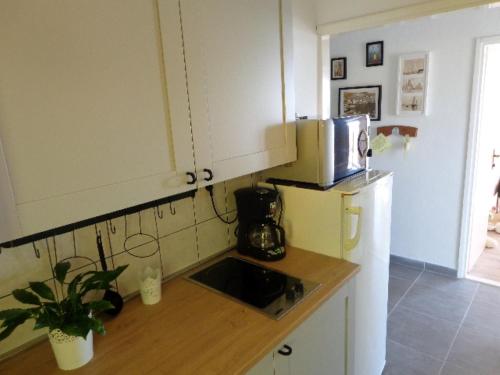 a kitchen with a counter top and a refrigerator at Peaceful apartment with beautiful view in Hvar