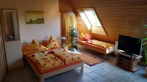 ein Schlafzimmer mit einem Bett und einem TV in einem Zimmer in der Unterkunft Martinas-Gästehaus in Hornbach