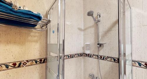 eine Dusche im Bad mit Glastür in der Unterkunft Sky Apartments in Vecindario