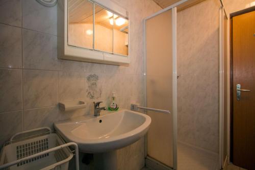 uma casa de banho com um lavatório e um chuveiro em Zeleni apartma Zreče em Zrece