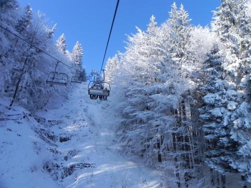 a ski lift in the snow with snow covered trees at Apartments Helena Kranjska Gora in Kranjska Gora