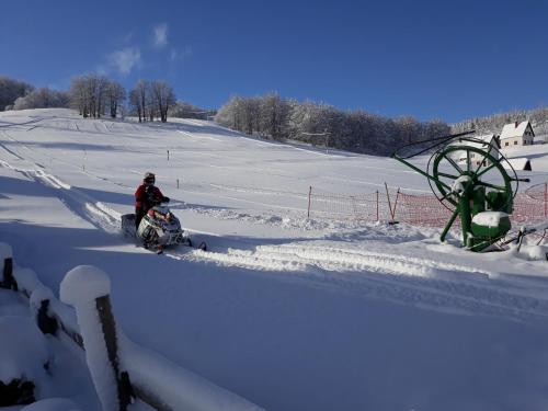a man riding a snowmobile down a snow covered slope at Holiday Home Vile Calimero in Žabljak