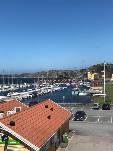 a view of a marina with boats in the water at Sjöhuset in Ellös