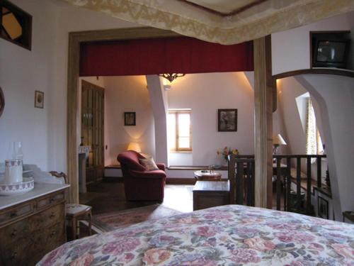 1 dormitorio con 1 cama y sala de estar en Château de Flée, en Semur-en-Auxois