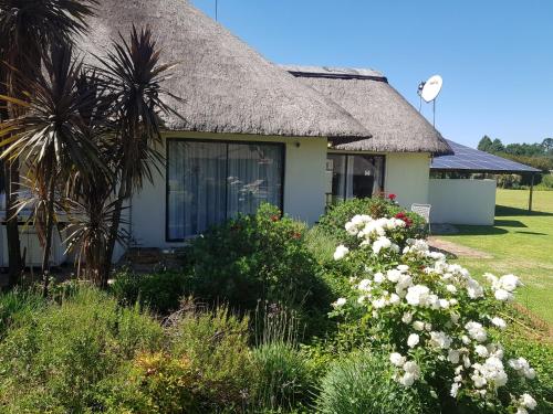a house with a thatched roof and some flowers at 12 On Vaal Drive Guesthouse in Vanderbijlpark