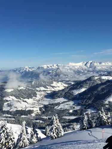 a view of a snowy mountain range with snow covered mountains at Appartement Mühlhäusl in Auffach