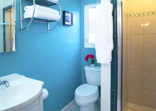 a blue bathroom with a toilet and a sink at Villa Cristine - Spanish Style Palm Springs Villa in Palm Springs