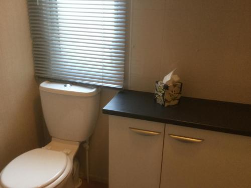 a bathroom with a toilet and a black counter at Tattershall lakes in Tattershall