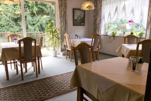 a restaurant with tables and chairs and a large window at Haus am Wasserfall in Detmold