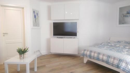 a bedroom with a bed and a flat screen tv at Apartment Seerose in Remseck am Neckar