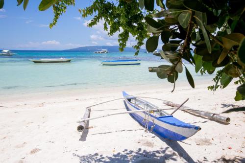 a blue boat sitting on a beach next to the ocean at Natura Vista in Panglao