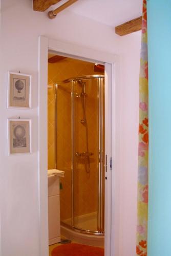 a shower with a glass door in a bathroom at Apartments Maja in Piran