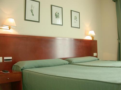 1 dormitorio con 1 cama con cabecero de madera y 2 lámparas en Hotel Bahía Bayona, en Baiona