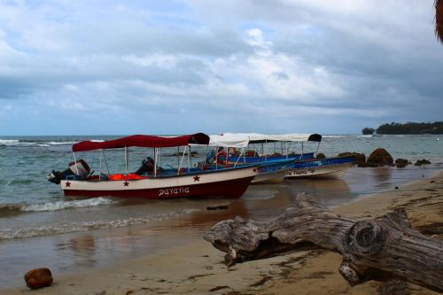 two boats on the shore of a beach at Hospedaje Yarisnori in Bocas del Toro