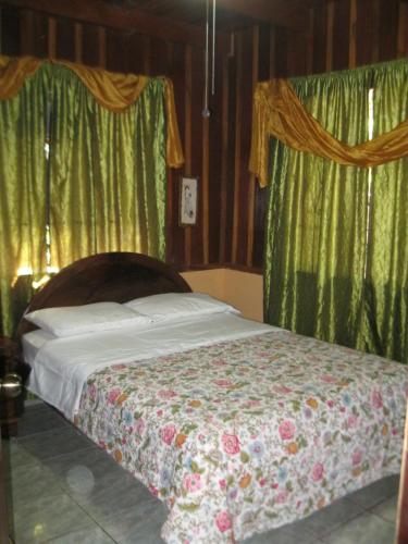 1 cama en un dormitorio con cortinas verdes en Chalet Villa Vilma, en San Mateo
