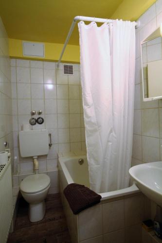 a bathroom with a toilet and a tub and a sink at Sleep in Hamburg St. Pauli in Hamburg