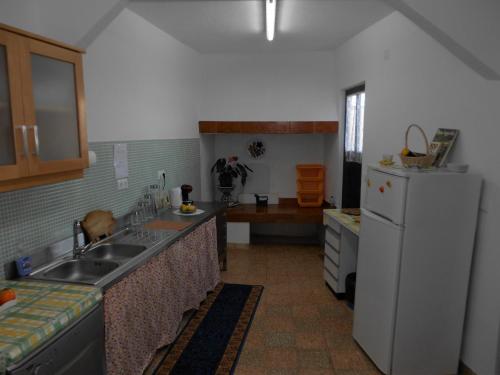 a kitchen with a sink and a white refrigerator at Casal do Avô Francisco in Caldas da Rainha