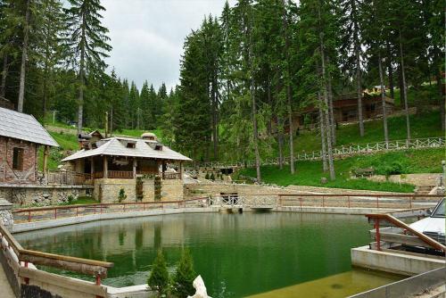 a pool of green water with a building and a house at Lux - Apartment Snow Oasis in Vlasic