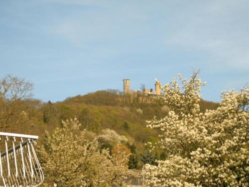 a castle on top of a hill with trees at Ferienwohnung Schlossblick in Bensheim