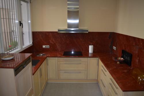 a kitchen with wooden counters and a counter top at Apartamentos Alameda in Coca