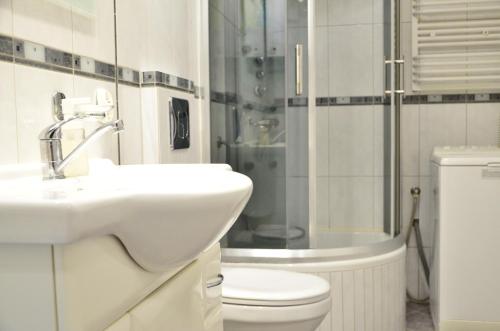 een badkamer met een wastafel, een toilet en een douche bij Cozy apartment by the Old Town in Gdańsk