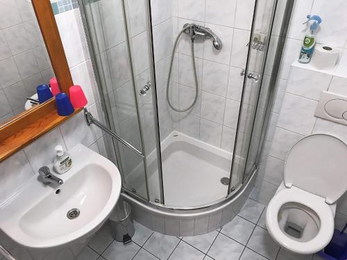 a bathroom with a shower and a toilet and a sink at Penzión Pod bránou in Poprad