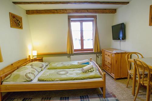 a bedroom with a bed and a television and a table at Penzión Pod bránou in Poprad