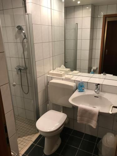 a bathroom with a toilet and a sink and a shower at Karaman Group Hotel in Bad Nenndorf