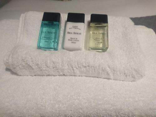 three bottles of sunscreen sitting on top of a towel at The Milford Arms in Hounslow