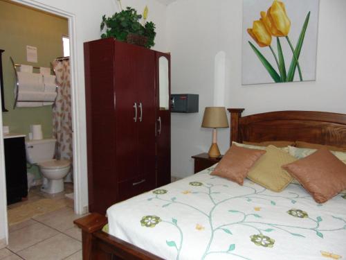 a bedroom with a bed and a cabinet and a bathroom at Casa Lima B&B in San José