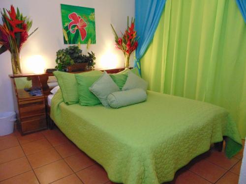 a bedroom with a green bed with green curtains at Casa Lima B&B in San José