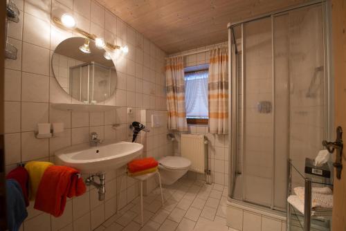 a bathroom with a sink and a toilet and a shower at Holzschnitzers Appartements in Ehrwald