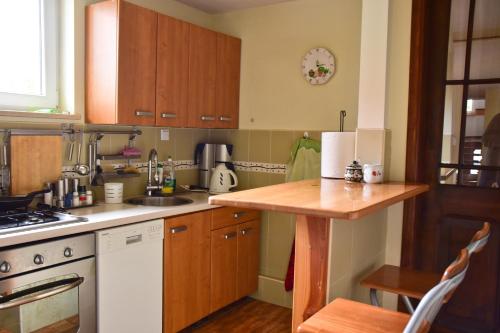 a kitchen with wooden cabinets and a wooden counter top at Cichy Kącik w Karpaczu in Karpacz