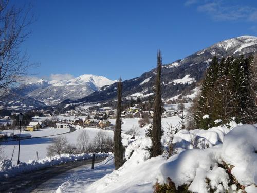 a village covered in snow with mountains in the background at Landhaus Bonaventura in Millstatt
