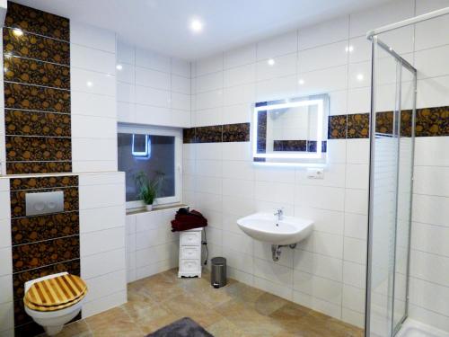 a bathroom with a toilet and a sink at Relaxen im alten Winzerhaus Fewo EG in Rech