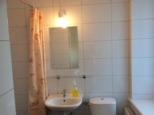 a bathroom with a sink and a toilet and a mirror at BHB Hotel in Marijampolė