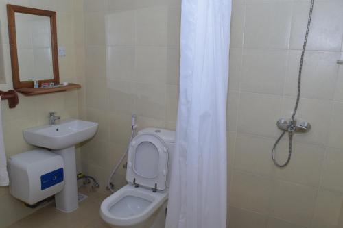 La salle de bains est pourvue de toilettes et d'un lavabo. dans l'établissement Chukwani Executive Inn, à Zanzibar City