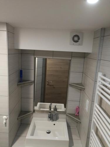 a bathroom with a sink and a mirror at Apartment KLEMEN in Bohinjska Bela