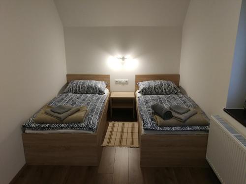 - 2 lits dans une petite chambre avec une lumière sur le mur dans l'établissement Apartment KLEMEN, à Bohinjska Bela