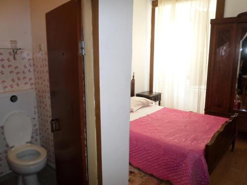 um quarto com uma cama rosa e um WC em Rustico & Singelo - Hotelaria e Restauração, Lda em Vila Real