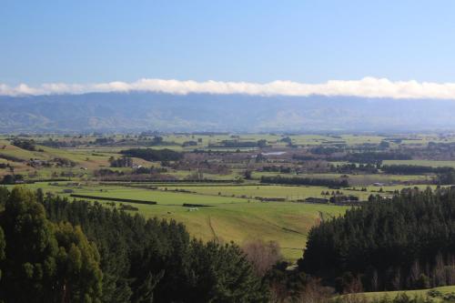 a green field with trees and mountains in the distance at The Summit Lodge in Gladstone
