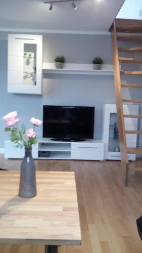 a living room with a tv and a vase with flowers at Ferienwohnung mit Loggia in Münster