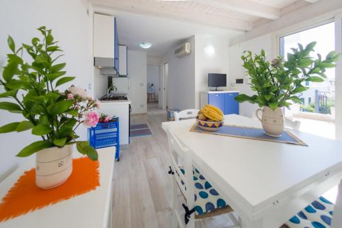 a kitchen with two plants in white vases at Deliziosi Appartamenti Sul Mare in Leuca