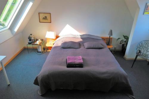 um quarto com uma cama grande e um cobertor roxo em Suite Place de l'Etoile em Estrasburgo