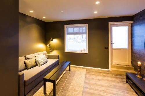 a living room with a couch and a window at Acco Luxury Apartments in Akureyri